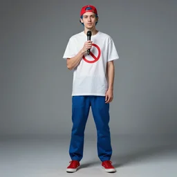 a full body shot of an average white, short young - adult man with no beard and blue colored hair, wearing a red backwards cap, white t - shirt with a red no symbol on it, blue long pants and red shoes, holding a microphone, studio lighting, photoshoot, grey background