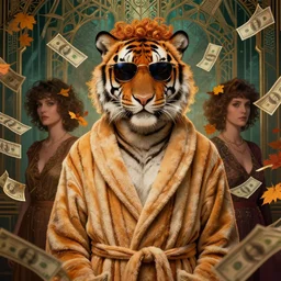 portrait, anthropomorphic tiger, striped bathrobe, curly hair, electric sunglasses, surrounded by floating autumn dollar bills, fantasy, detailed, intricate, luminescent, elegant, coherent, by mandy jurgens, hannah yata and kay sage, donato giancola, detailed, artstation, cinematic lighting, artdeco, art deco outrun aesthetic