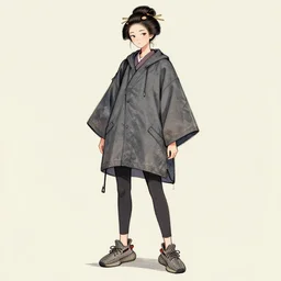 a sketch of the reinterpretation of the traditional clothing of a japanese miko in the harajuku style. anorak with leggings and yeezy 5 0 0 sneakers