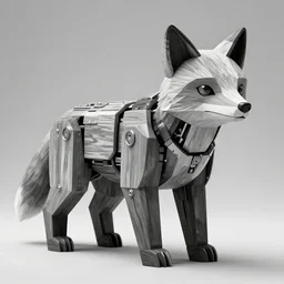 rare classified photo, black & white, studio lighting, low poly fox bear, cyborg, hybrid, wood and metal
