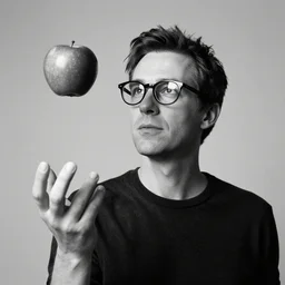monochrome tommy ingberg portrait of a bespectacled man with a red apple hovering above him high definition