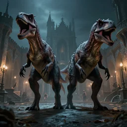 two menacing zombie tricerataops on a medieval palace courtyard at night, scary, powerful extremely detailed, high quality, epic, dnd, artstation, by borderlands and by feng zhu and loish and laurie greasley, victo ngai, andreas rocha, john harris