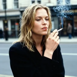 photograph of a young kate moss smoking a cigarette in 1 9 9 6, in the style of karen knorr, daido moriyama, london