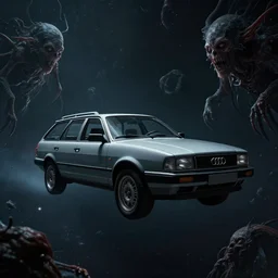 Audi 80 B3 Avant (1988) floating in the void, a horror sci-fi, dramatic lighting, cinematic, off-world, space, zero gravity, eldritch horror creatures floating through space, lack of ground, dark, establishing shot, extremely high detail, photorealistic, cinematic lighting, artstation, by simon stalenhag