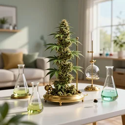 a flourishing cannabis science experiment in neat and clean environment in someone's lounge room, luxury beakers and steampunk equipment, caustics, glassware, natural sunlight, maya render 8 k trending on artstation and cgsociety