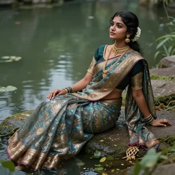 a young indian lady wearing a sari relaxing by a pond, wet, shiny, fantasy, intricate, elegant, hyper detailed, ultra definition, photoreal, artstation, unreal engine rendered, concept art, smooth, sharp focus, illustration, art by artgerm and greg rutkowski and alphonse mucha and garis edelweiss