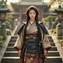 gorgeous japanese warrior princess standing on stairs in an ancient fantasy garden, long hair, beautiful intricately decorated clothing in the style of last emperor movie, natural pose, focus on face, golden hour, shallow depth of field, fantasy matte painting, rule of thirds, karole bak, mohrbacher, hasui kawase, noriyoshi ohrai