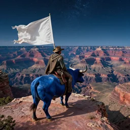a rugged cowboy wearing a cape is sitting on the back of a blue bull on the edge of a cliff overlooking the grand canyon while holding a big white flag at night with a starry sky, cinematic, wide angle establishing shot, fantasy, hyperrealism, craig mullins, greg rutkowski, pete morbacher, tuomas korpi, tekkon kinreet, volumetric light, octane render, photorealistic concept art, highly detailed, very intricate