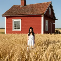 a young woman hiding! herself from the sun in the shadow! of a red cottage! in a wheat crop. black hair, white dress, sharp focus, highly detailed photography, realistic, wide angle, trending on artstation, eddie mendoza, ( anato finnstark ), ( randy vargas ), ( wu bayard ).
