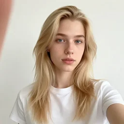 a selfie taken by a young man with long blond air standing next to john cleese at a high - tech exhibition, in the style of annie leibovitz