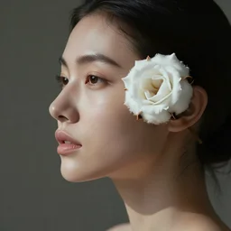 hight focus of a wonderful realistic sweet wonderful symmetrical profile portrait of a lady with a clear skin, she has a cotton white rose on her skin, dramatic light, cinematic, artstation, octane render 8 k s 1
