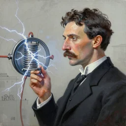 majestic genius inventor nikola tesla profile picture by sachin teng, masterpiece, organic painting, matte painting, technical geometrical drawing shapes, lightning electricity coil, hard edges, graffiti, street art by sachin teng