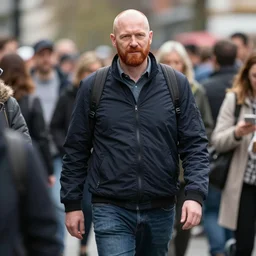 a 7 foot tall, ginger, balding middle aged man walking among the crowd