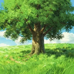 big single tree in a field of grass, direct sunlight, detailed, sharp focus, anime style, by studio ghibli and kazuo oga
