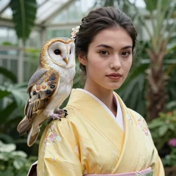 head to shoulder film still of an elegant top model wearing a yellow kimono with a very detailed barn owl on her shoulder!!! in a tropical greenhouse. looking at the camera!!. super resolution. 85 mm f1.8 lens.bokeh. graflex. art by Alessio albi and ashley wood and Edmund Blair Leighton and John Singer Sargent!  -