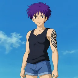 revy black lagoon, purple hair, black tank top, jean shorts, tribal sleeve left arm, portrait shinkai makoto, studio ghibli, studio key, madhouse anime studio, artgerm, lau rossdraws james jean marc simonetti pixiv