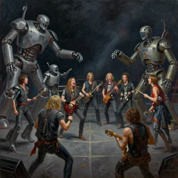 concept art, of a [ rage against the machine ] band memebers!!! concert!!! humans fighting with robots!!, detailed, close shot, dark concept art, dark skies painting by wlop, nixeu and greg rutkowski, beautiful, semirealism, artstation, octane render, oil painting, sharpness, 8 k, golden ratio