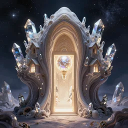 a symmetrical!!! delicate mtg illustration by charles vess and kawase hasui of the glowing doorway to a massive vulva - shaped temple made of smooth organic architecture and floating in the astral plane and constructed of house - sized crystals and a bulb of the vestibule made of iridescent pearl