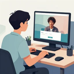 man waiting in front of his computer for his friend to log in, digital art