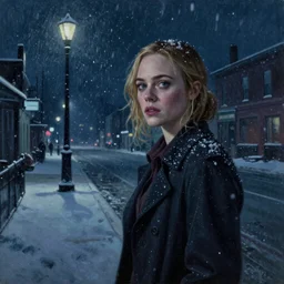 Elle Fanning in The Walking Dead at night in the world of Edward Hopper, stormy snowy weather, streetlights, extremely detailed masterpiece, oil on canvas, low-key neon lighting, artstation, Blade Runner 2049, Roger Deakin’s cinematography, by J. C. Leyendecker and Peter Paul Rubens,