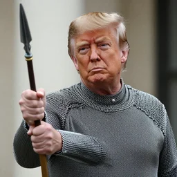 eyes face nose mouth ears portrait of Donald Trump wearing chainmail whilst twirling a spear ismail inceoglu ishbel myerscough