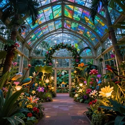 magician's tropical greenhouse garden with colored glass cover, outside of time and space, magnificent, gorgeous, birds, flowers, fairy tale, night lighting, gorgeous lighting, dramatic cinematic lighting, intricate, highly detailed, low angle view, artstation, mysterious, comfort, in the style of aetherpunk, 8 k