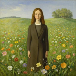 kaali in distance looking at you in beautiful meadow of flower, detailed painting by rene magritte