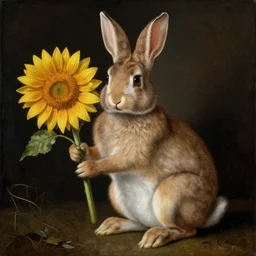 a realistic renaissance painting of a rabbit holding a sun flower
