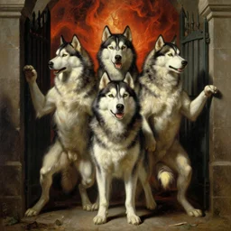 a husky with three heads guarding the gates of hell, oil painting by michaelangelo