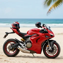 a beautiful realistic large photo of a red ducati motorbike with an helmet on the saddle, a beautiful beach in the background, dream, postcard, peace