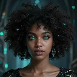 beautiful portrait of a girl with gorgeous afro hair with deep emerald eyes, afrofuturism style, neo-gothic bioluminiscent details in the background, moody volumetric lighting, 4K