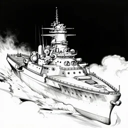 space exploring battleship , beautiful line art, ink illustration, sketch, pure b&w