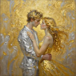 This is the most creative and extraordinary oil painting ever created, it\'s about a couple that love each other deeply but can\'t be together, mind-blowing, golden and silver colors