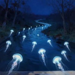 glowing jellyfish immigration down a river, evocative, mystical night, detailed, award winning, trending on artstatioon artwork by Alex Ross,