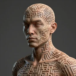 : human with maze pattern skin all over hyper detailed art station  dalle2 3d render unity gigapixel  unrealengine trending on artstation,cinematic, hyper realism, high detail, octane render, 8k