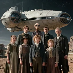 highly detailed, 2,097,152k film still from a sci fi blockbuster color movie made in 2019, set in 1860, of a family standing in front of a spaceship that has just landed on an alien planet, a humanoid alien creature stands nearby, the family are all wearing 1860s era clothes, good lighting, good photography, highly detailed faces
