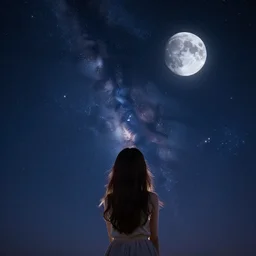 girl, beautiful starry sky, moon, galaxy, stars, beautiful, light adorable photography