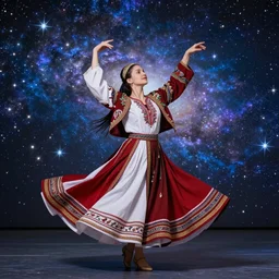 traditional Georgian dance outfit choxa dancing in a galaxy with millions of stars