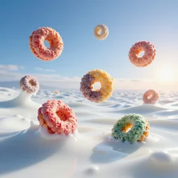 side view of a few oversized large colorful fruit loops cereal that float in white vitamin d milk ocean sea. an ocean of gentle rolling waves made of white milk. blue sky morning sun on horizon. digital art, cgsociety award winner, ue 5, 4 k, dramatic lighting, subsurface scatter, hdr, dues ex.