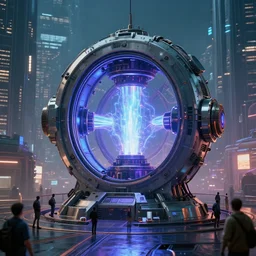 teleportation machine in a cyberpunk world, with people using it to travel the city, the machine is a large metal contraption with plasma energy in the center