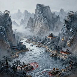 a gorgeous landscape painting by barlowe wayne maxfield parrish and marco mazzoni. fantasy tea mountain in china. grey blue. ultra clear detailed. 3 d, octane render. turbulent blood lake. 8 k