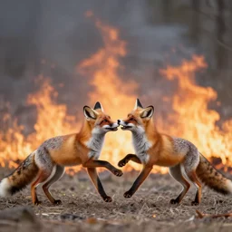 an epic photograph of two foxes fighting while a forest fire rages in the background, dramatic lighting, dark atmosphere, flaming trees, award-winning photography