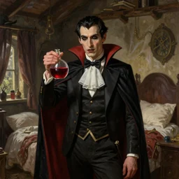 classic oil painting, a vampire holding a flask of blood, as a dnd character, inside a cluttered bedroom, cottagecore, highly detailed, digital illustration, concept art, smooth, sharp focus, art by tim hildebrandt, and greg hildebrandt