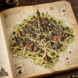detailed map of a small steampunk town, concept art from a book with cartographic symbols