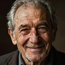 poignant portrait of an old man smiling sadly remembering his youth, the years weigh heavily in his eyes, nostalgia, melancholy
