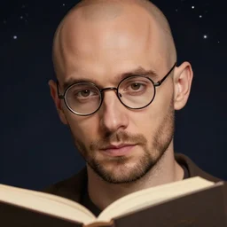 very detailed portrait of a very handsome bald french man wearing fine round glasses in his early thirties, shaved head, oval shaped face, nice short beard, ( ( deep brown eyes ) ), strong nose down, earthy color scheme, by wlop and tyler oulton, detailed eyes, reading a book. starry background, trending, on artstation.