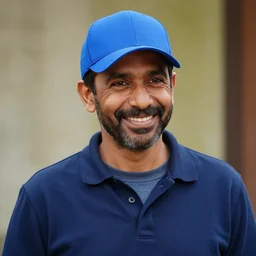 Apu Apustaja smiling with a blue cap