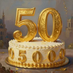 an epic of cake with number five hundred on it, oil on canvas, perfect composition, golden ratio, beautiful detailed, photorealistic, digital painting, concept art, smooth, sharp focus, illustration, fantasy background, artstation trending, octane render, unreal engine