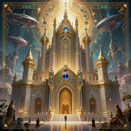 art deco poster illustration highly detailed ornate with jewels and precious metals majestic in the entrance castle kingdom of shambala, space ships, futuristic, land of advanced races, giants, hollow earth, hiperrealistc, global illumination, radiant light, detailed and intricate environment. art by oleg oprisco, 8 k
