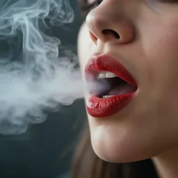 an cinematic closeup of a woman's mouth open with smoke, smoking, red lips, open, smoke coming out, ultra realistic, canon, 3 5 mm, bokeh
